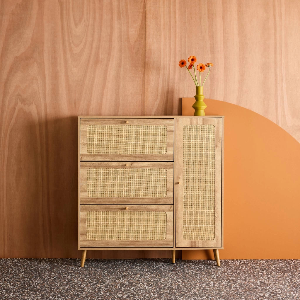 Scarpiera con decoro in legno e canna, 3 ante, marrone naturale