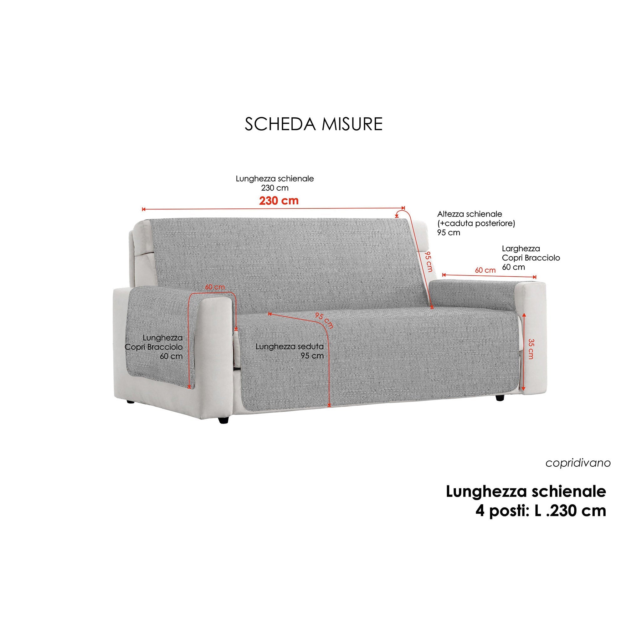 Copridivano con Copri Braccioli Seduta 125 cm in Poliestere Grigio