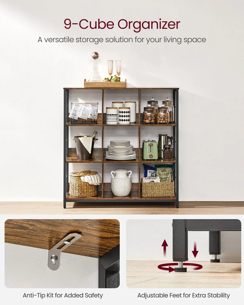 Mobile contenitore a 3 ripiani libreria in stile industriale 9 cubi per soggiorno ufficio corridoio cucina 100 x 30 x 103 cm marrone 12_0006396