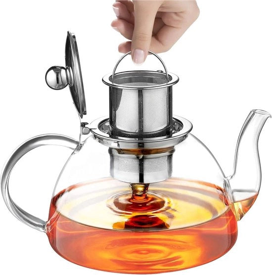 Tazza da tè in vetro borosilicato 1300 ml con filtro - Vetro resistentente al vapore - Coperchio in vetro - Resiste al lavaggio in lavastoviglie