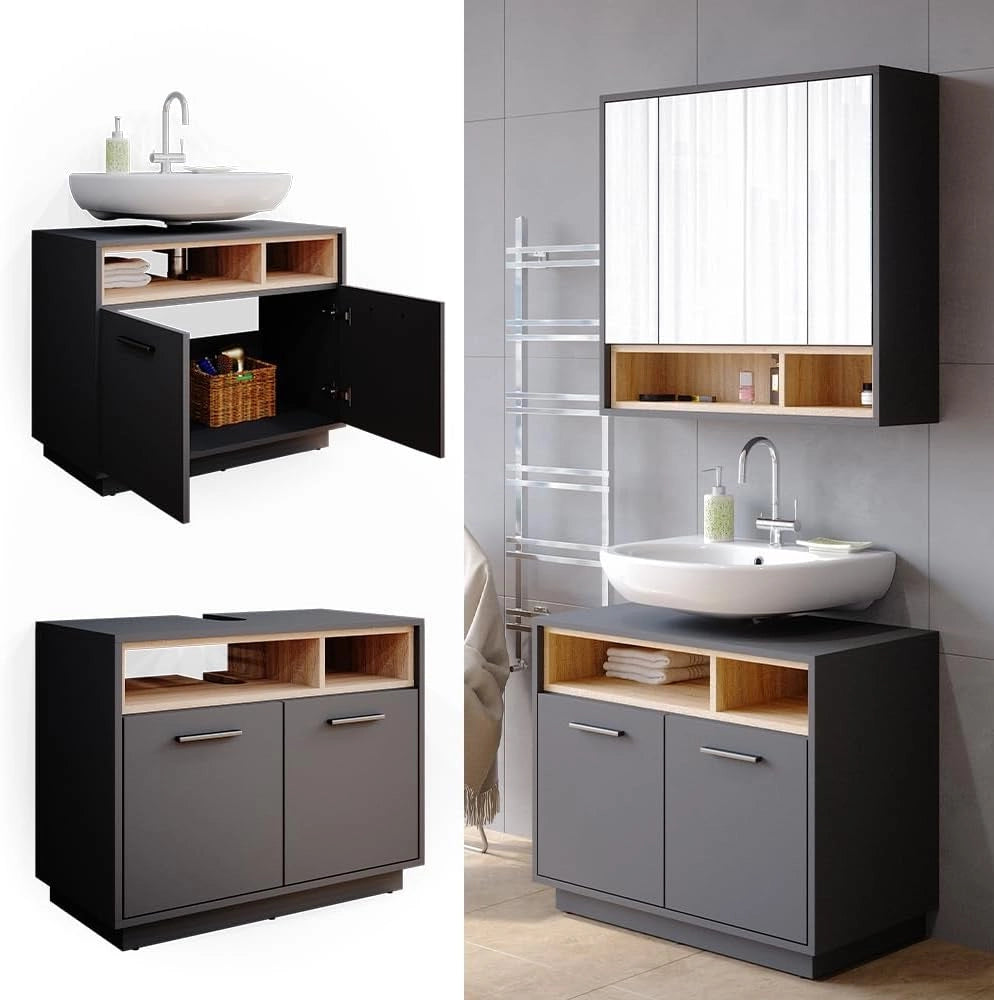 Mobile sottolavabo per bagno Beatrice, Antracite, 80 x 64 cm, con ritaglio per sifone e ripiani aperti