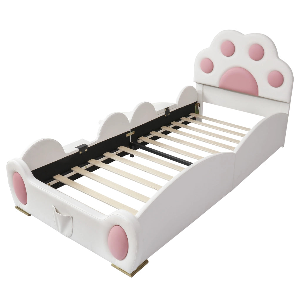 OKWISH Letto Bambini Singolo 90×200 cm con Scivolo, Scala a 2 Gradini e Tasca Portaoggetti, senza Materasso, in PU, Bianco e Rosa