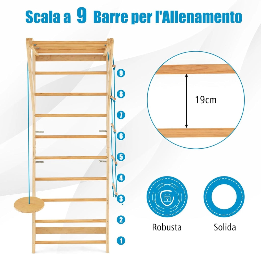 Spalliera Svedese in Legno, Scala Svedese Adulti e Bambini con 13 Barre, Scala a Corda e Trapezio Rotondo, Spalliera per Fitness e Fisioterapia da Palestra e Casa, Portata 100 kg