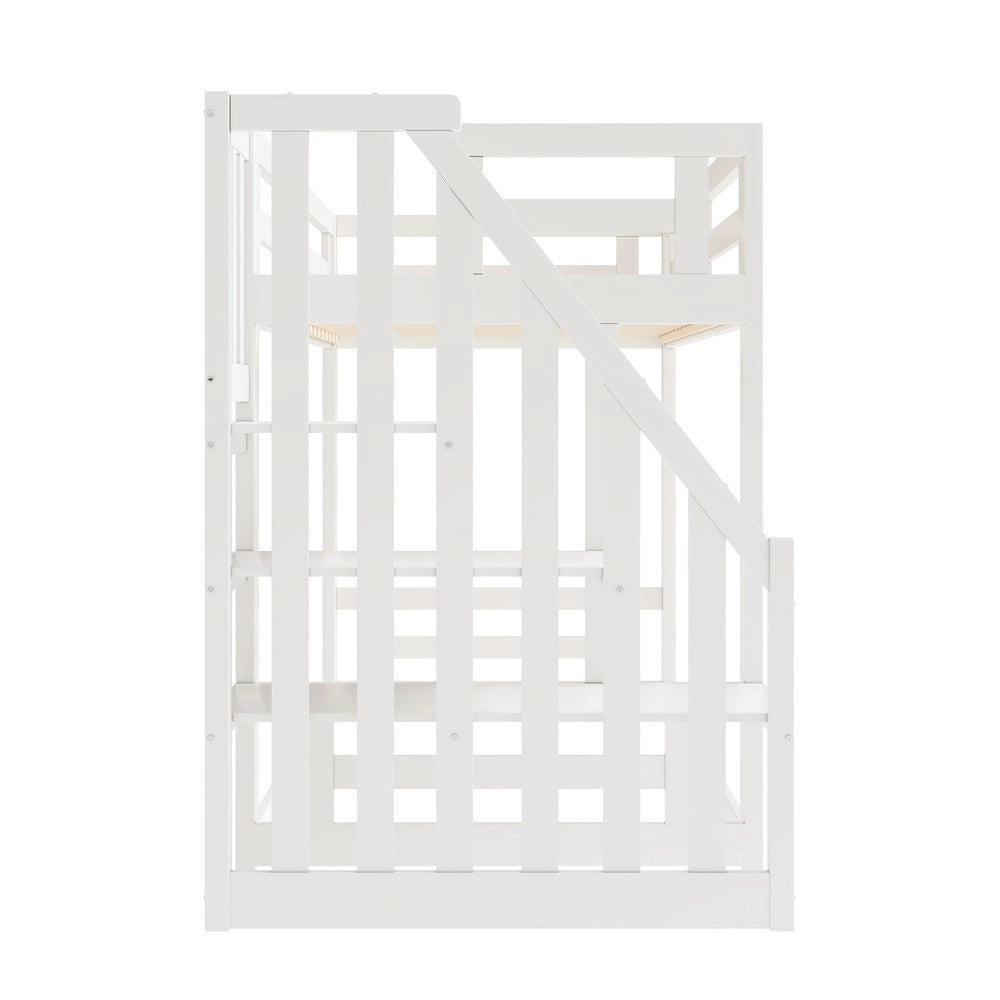 Letto a Castello Basso per Bambini con Scala ¨C MINIMAL ¨C Massello Bianco, Doghe, 90x200