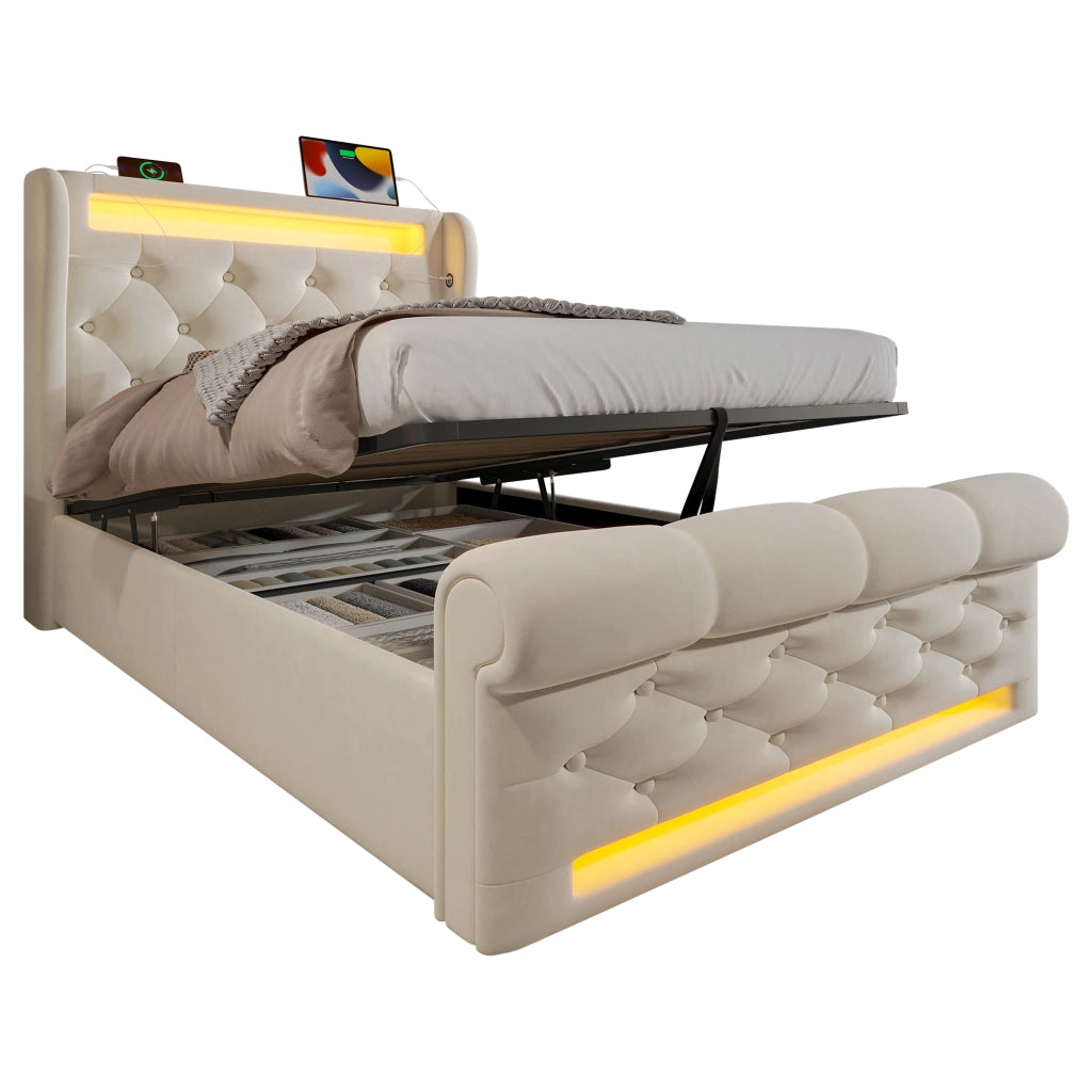 Letto singolo moderno – 90x200 cm – LED USBC contenitore con materasso – velluto beige
