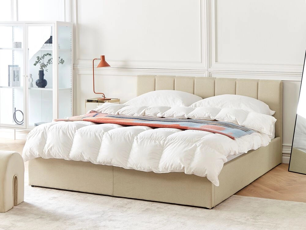 Letto contenitore Rivestimento in tessuto beige 160 x 200 cm con testiera a doghe