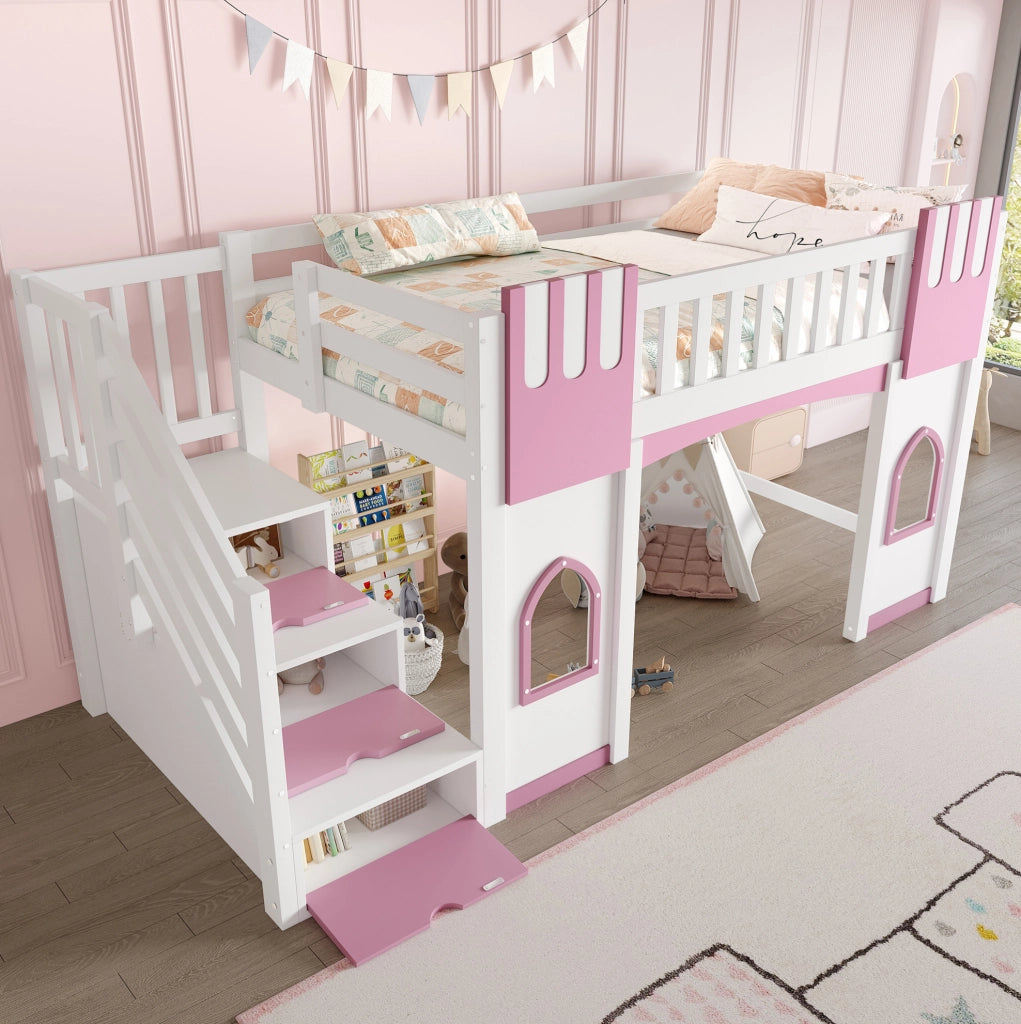 Letto a soppalco 90x200 cm con scala contenitore, bianco/rosa