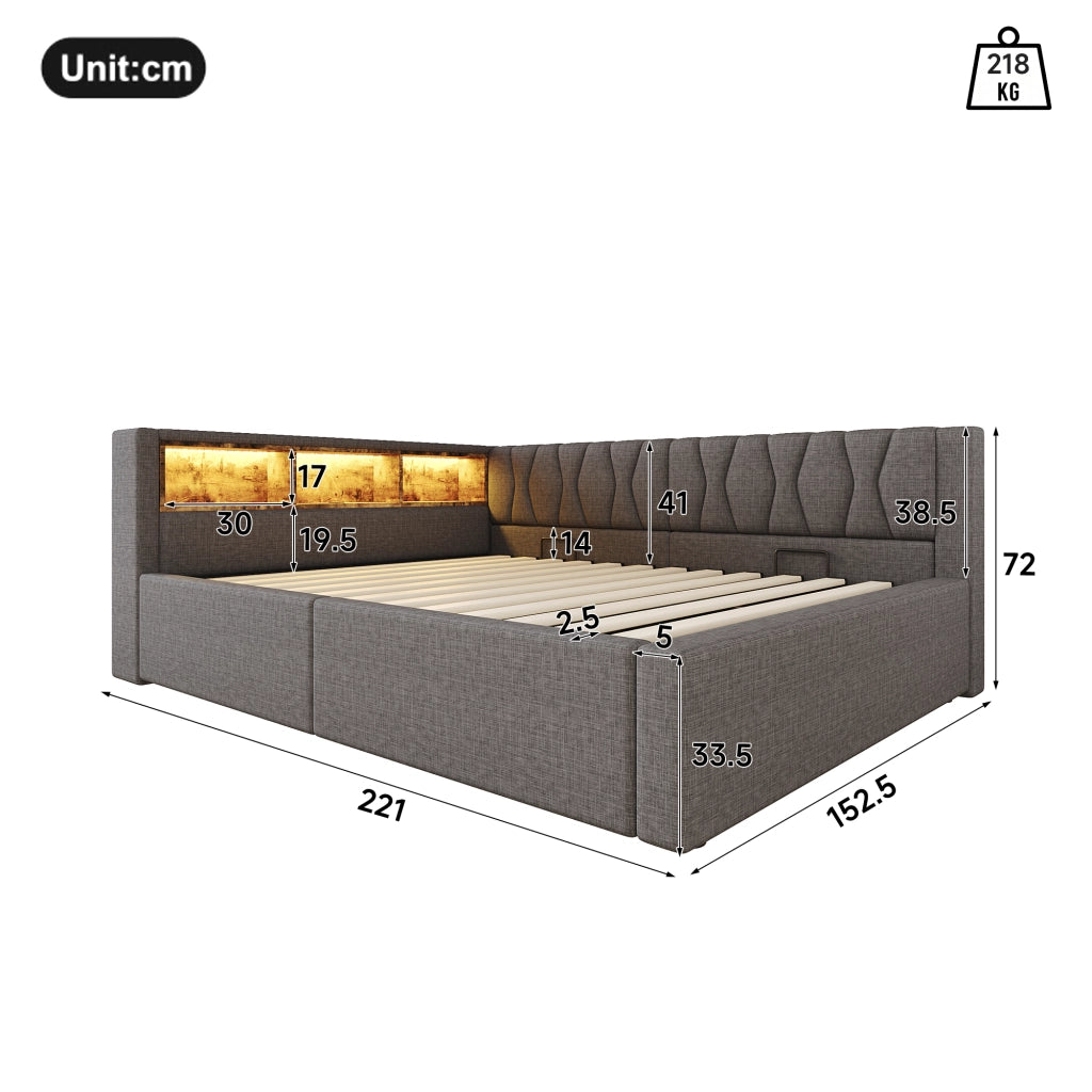 Letto contenitore 140x200 cm con sollevamento idraulico; LED dimmerabile; testiera con ripiano e USB; grigio