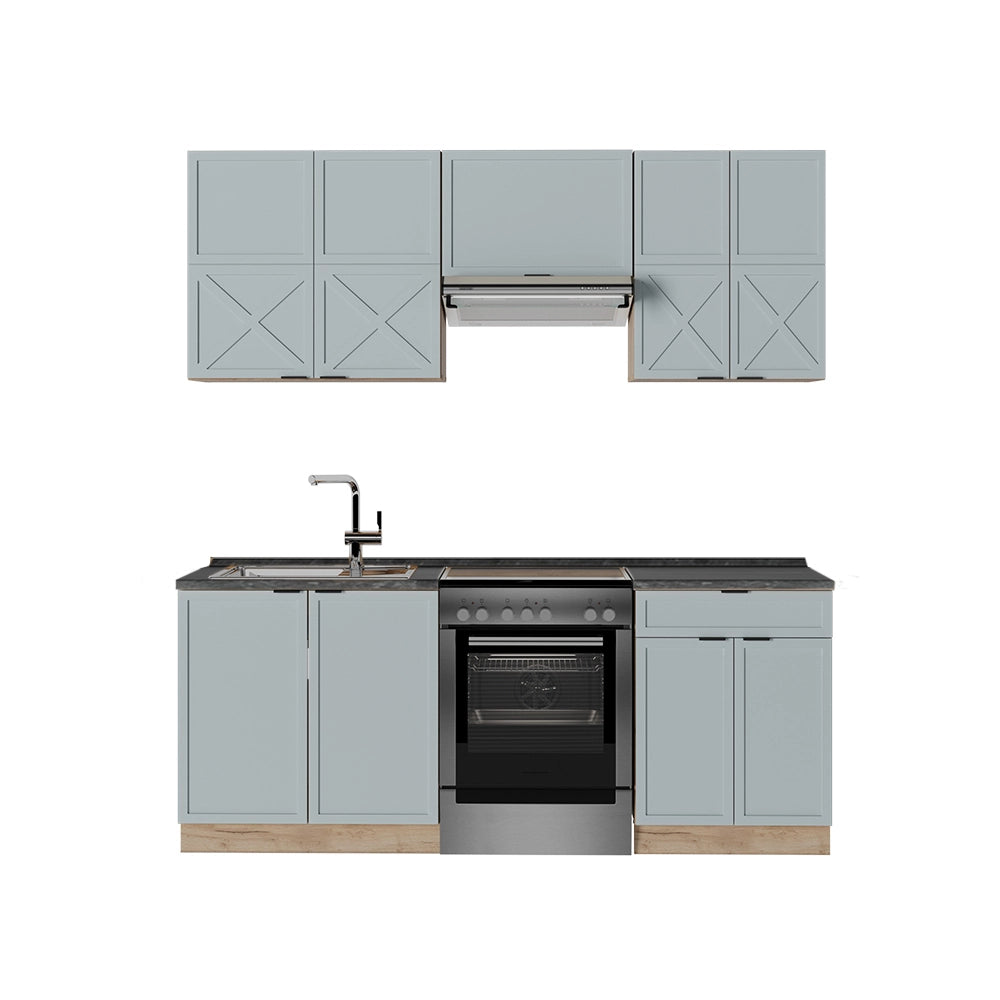 Cucina componibile Fame-Line Blu-grigio chiaro/Rovere dorato 200 cm, PL Antracite Vicco