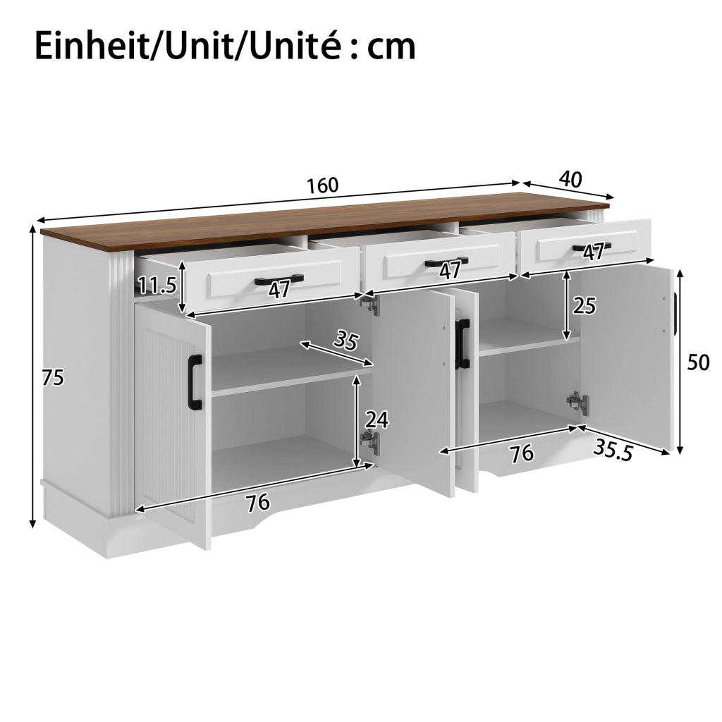 Credenza e madia con 4 ante, 3 cassetti e 2 vani con ripiani fissi, per soggiorno e sala da pranzo, 160 × 40 × 75 cm