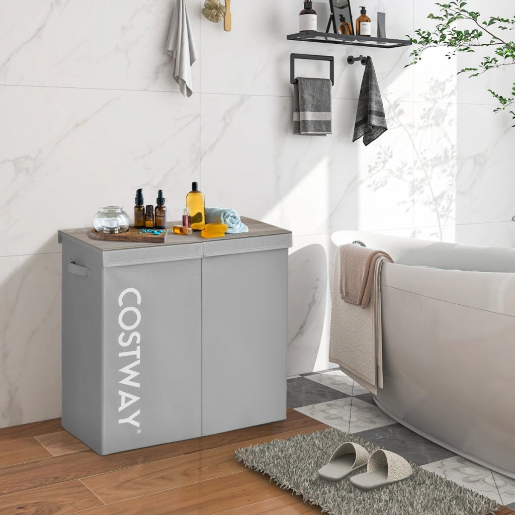 Cesto portabiancheria da 115L con coperchio 2 scomparti, Portabiancheria sporca in tessuto per lavanderia Grigio-Cesti del bucato