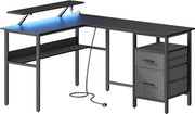 Bureau L con prese elettriche - angolo - computer - supporto per monitor - tavolo da gioco - illuminazione LED - porte USB - legno di ebano nero - 150 x 120 x 76 cm