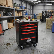 Carrello Portautensili 5 Cassetti con Ruote ¨C MINIMAL ¨C Metallo, Piano in Acciaio, Nero e Rosso