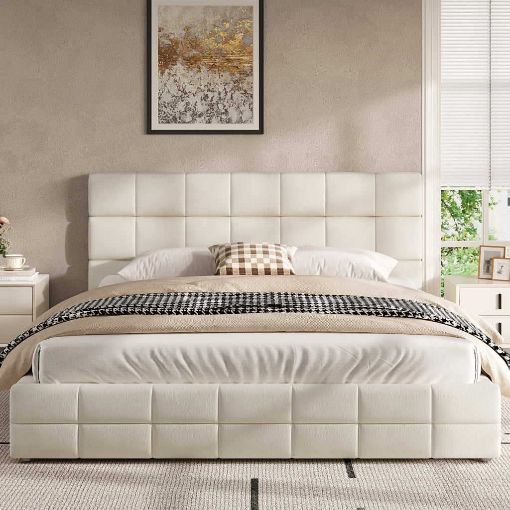 Letto imbottito matrimoniale 180 × 200 cm con testiera, senza materasso, in velluto beige, struttura in MDF e multistrato