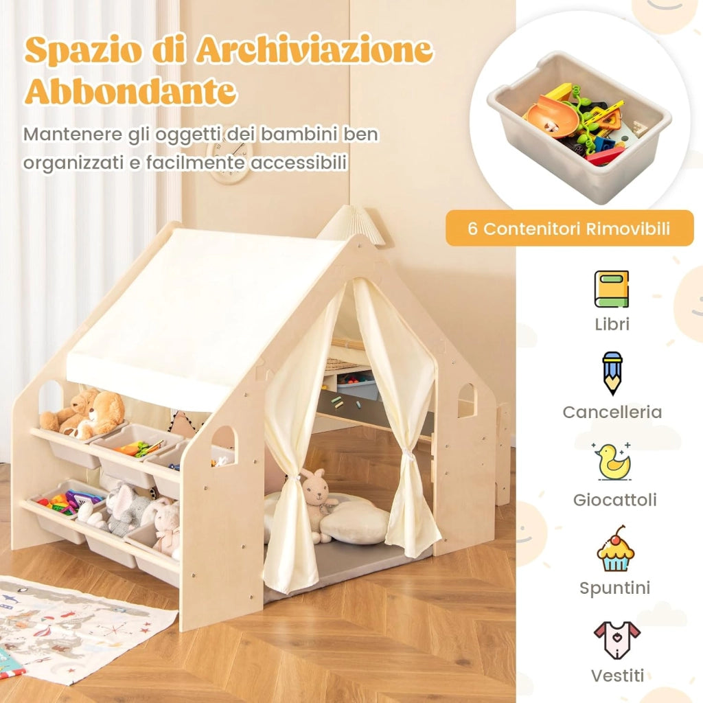 6 in 1 Tenda per Bambini in Legno, Tenda Casetta da Gioco con Tavolo e Sedia, con Tappetino Lavagna e 6 Scatole Portaghiochi, Capanna per Bambini (Beige 98 x 145 x 113 cm)