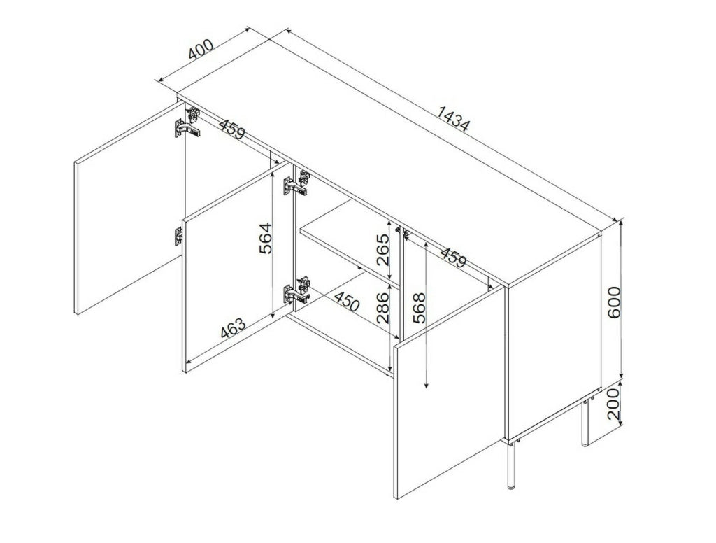 Credenza Saliceto, Madia da salotto con tre ante battenti e vani interni, Rialzata da terra, 144x40 h80 cm, Nero e Rovere Nodi