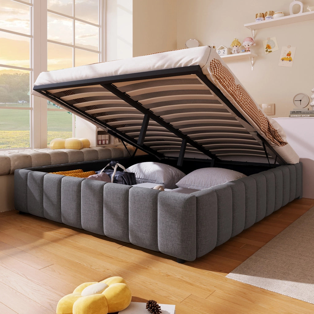 Letti contenitori 140x200 cm con contenitore idraulico; senza testiera in lino e MDF; grigio (Senza materasso)
