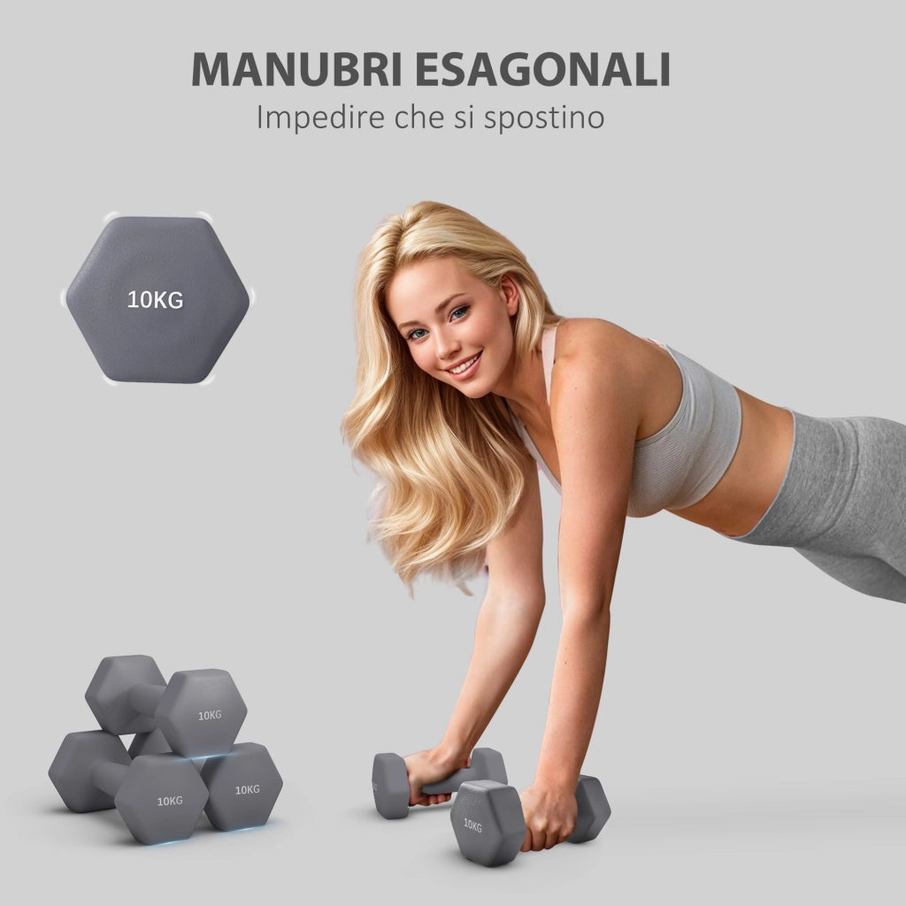 Manubri Esagonali 2x10 kg ¨C zephmum ¨C Grigio Metallo Plastica 26x12x12 cm