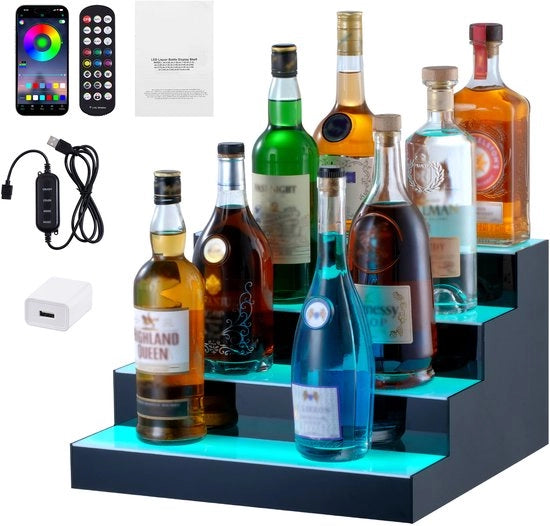 Display per bottiglie con illuminazione LED, 16 pollici 4 livelli pannello per bar home, pannello per whisky 4 livelli in piedi, pannelli per bottiglie in acrilico con telecomando RF