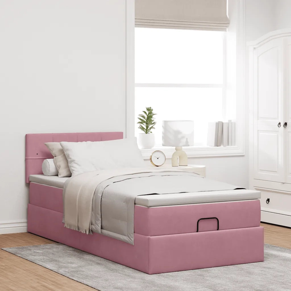 Struttura Letto Pouf con Materasso Rosa 100x200 cm Velluto