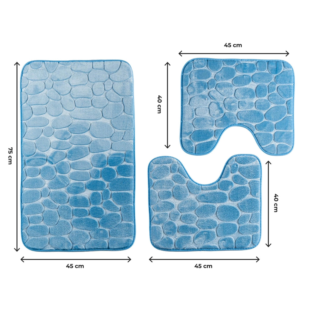 Set 3 Tappeti Bagno WC e Bidet Effetto Memory Morbidi Antiscivolo 1 Tappeto 45x75 cm +2 Tappeti 45x40 cm Assorbenti, Lavabili,Design Moderno Azzurro