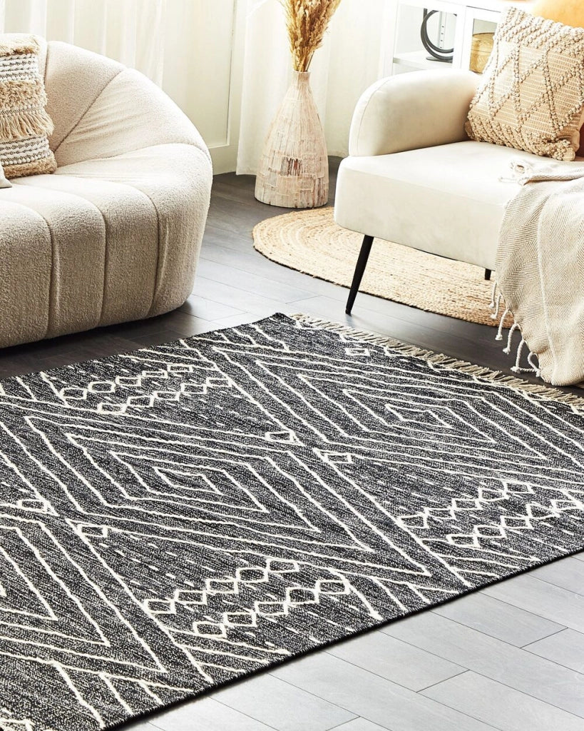 Tappeto in cotone bianco sporco nero 140 x 200 cm motivo geometrico nappe tribale orientale moderno