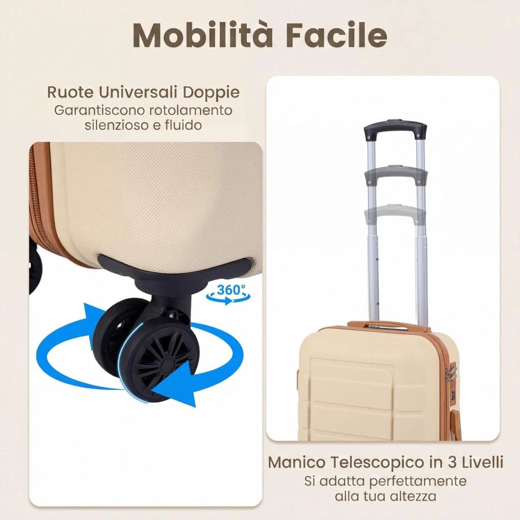 Set di 5 Pezzi Valigie da Viaggio, Set 3 Valigie Rigide in ABS (28”/24”/20”con 1 Bagaglio a Mano e 1 Borsetta, Lucchetto a Codice, Manico Telescopico e Ruote Girevoli, Trolley da Cabina (Beige)