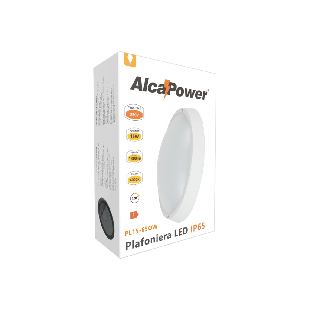 Alcapower Plafoniera LED Ovale 15W IP65 1300lm 4000K Luce Naturale Bianca, Design Compatto e Resistente per Ambienti Interni ed Esterni