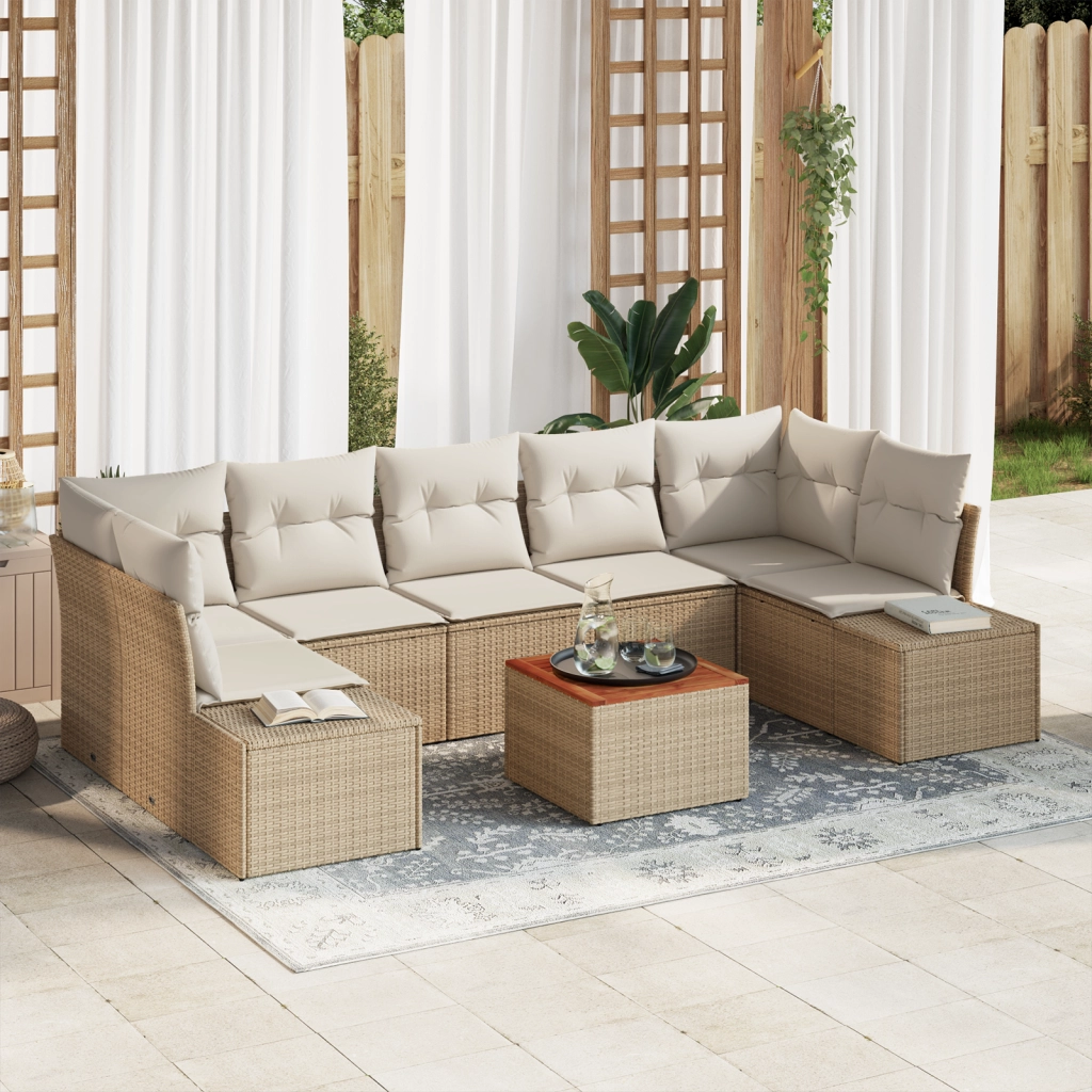 Set di 8 Divani da Giardino con Cuscini Beige in Rattan Polimerico Acacia