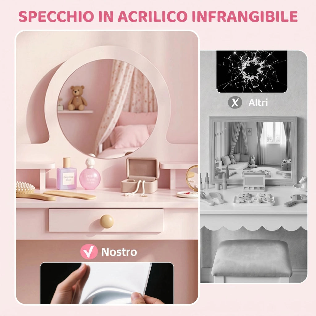 Set Toeletta Trucco per Bambina 55x34x82 cm con Sgabello Specchio e Cassetto in Legno Rosa