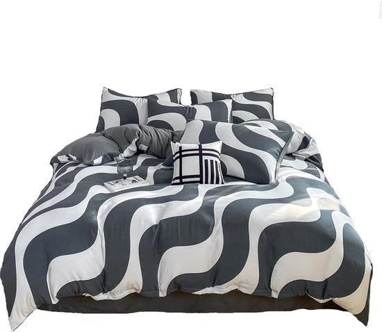 Set di coperte 100% poliestere con chiusura a righelli - bianco nero - righe a golf - 1 x coperta 180x220 cm + 1 x lenzuolo 230x230 cm + 2 x cuscini