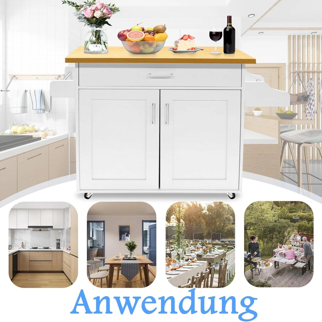 Carrello da cucina bianco con ruote e piano di lavoro, carrello da cucina, isola in legno, con portasciugamani e portaspezie, mobile da cucina, carrello da cucina, 115 x 90 x 36 cm