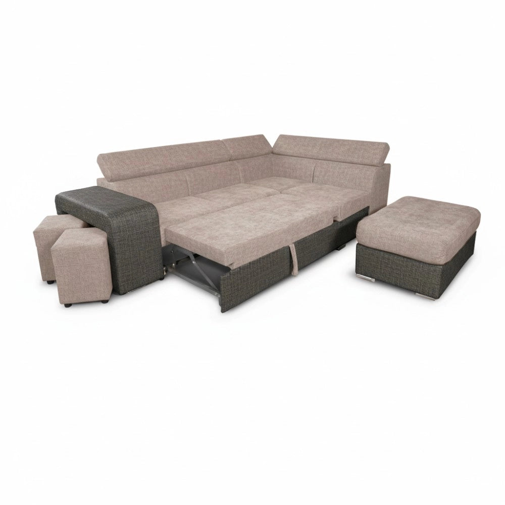 Divano Letto Angolare Sophie con Penisola Destra, 2 Pouf Estraibili e Pouf Contenitore – Tortora e Grigio Scuro
