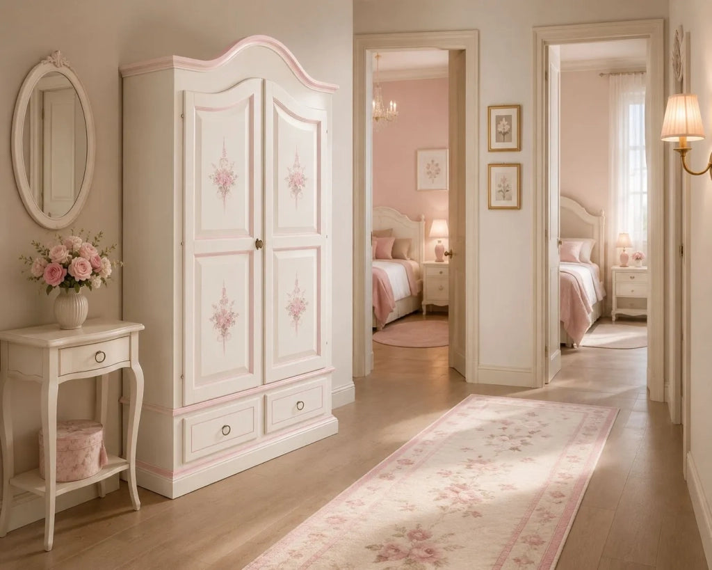 Armadio in legno shabby bianco con decori rosa 122x60x200 (1320) - Mobili 2G