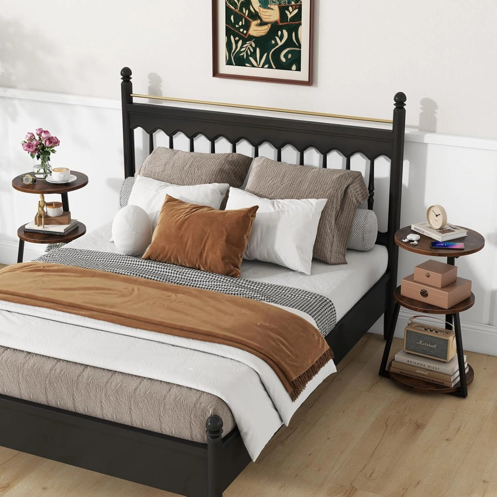 Tavolino a 3 livelli 62 cm, comodino con 3 ripiani in legno, tavolino da caffè con telaio in metallo con piedini regolabili, tavolino rotondo design industriale
