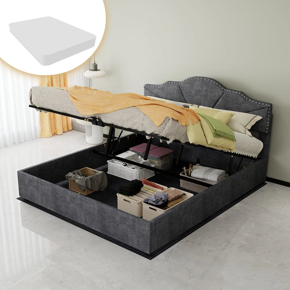 Letto Matrimoniale Contenitore Imbottito con Testiera e Materasso ¨C MINIMAL ¨C Grigio, 160x200, Idraulico