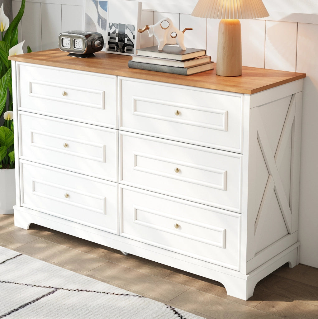 Sideboard in stile country con 6 cassetti; 120 x 40 x 76 cm; bianco e naturale