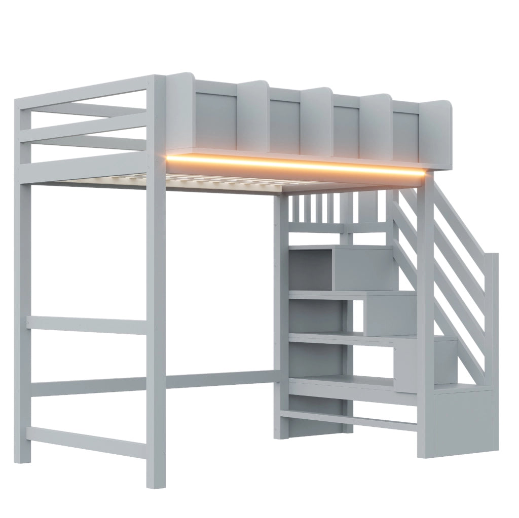 Letto a soppalco 90x200 cm con LED; ripiani e scala con vani in pino; grigio