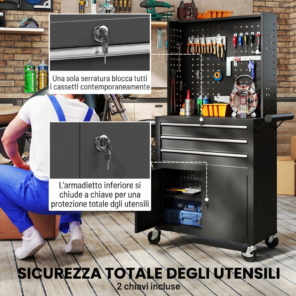 Carrello Porta Attrezzi 69x33x133 cm con Piano di Lavoro 3 Cassetti Pannelli Forati in Acciaio Nero