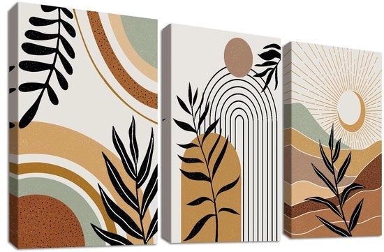 Decorazione per Parete - Stampa su Canva - Stampa su Legno - Arte Astratta - Linee Geometriche - Stile Bohemien - 3 Pezzi 30 x 40 cm - Stampa su Canva