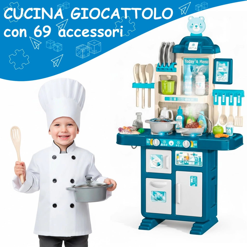 Cucina Per Bambini Con Rubinetto Con Sistema Di Riciclo Dell Acqua Luci E Suoni Realistici 69 Accessori E Fornelli Dai 3 5 Anni Set Cucina Blu E Bianco