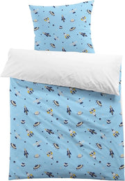 Biancheria da letto, 135 x 200 cm, bambini, ragazzi, biancheria da letto per bambini, ragazze, blu, stanza con astronauta e razzo, stampata in 3D, copertina in microfibra 135 x 200 cm e 1 cuscino 80 x 80 cm.