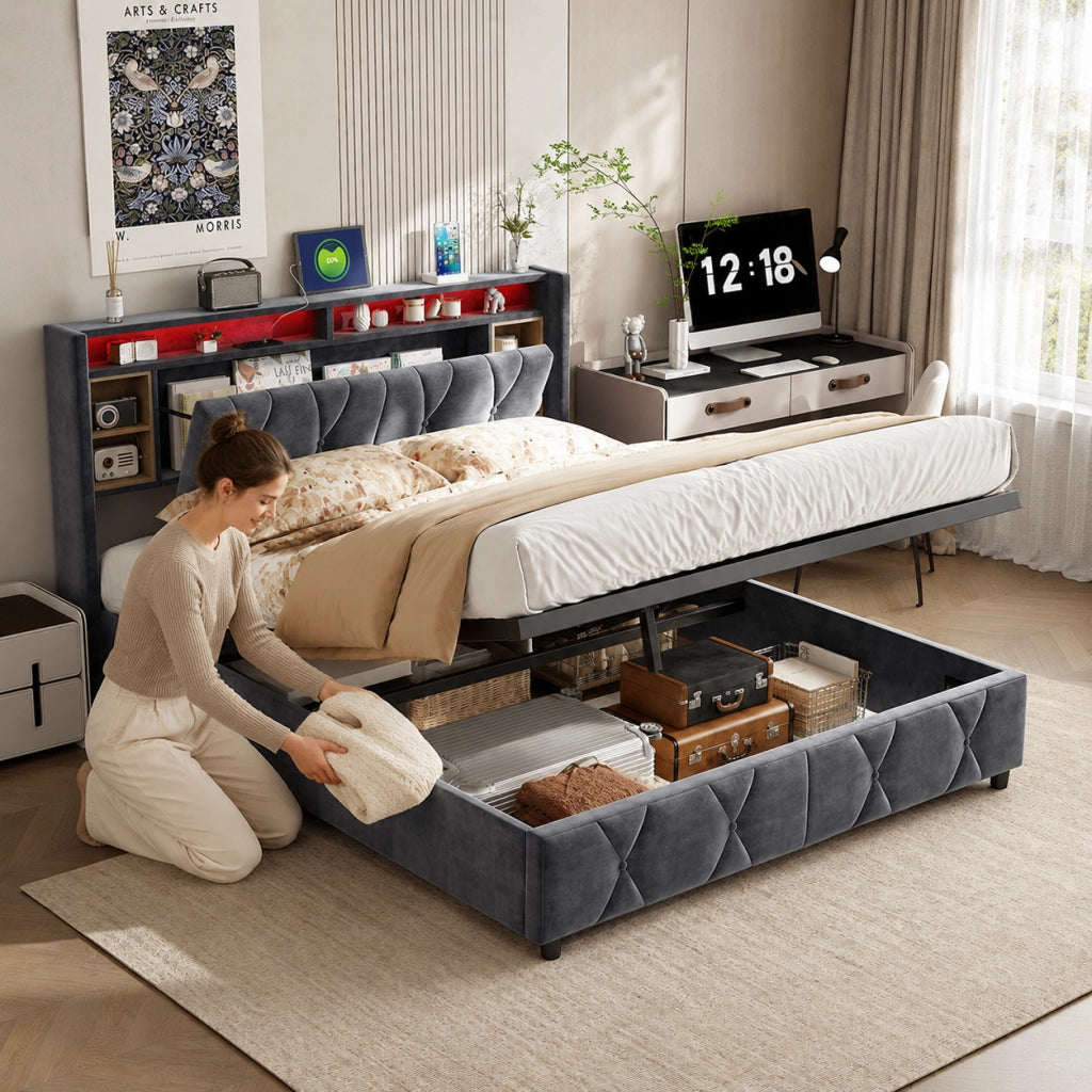 Letto imbottito grigio 140×200 cm, testiera contenitiva multilivello, USB‑C, LED con telecomando, base letto vano idraulico salvaspazio