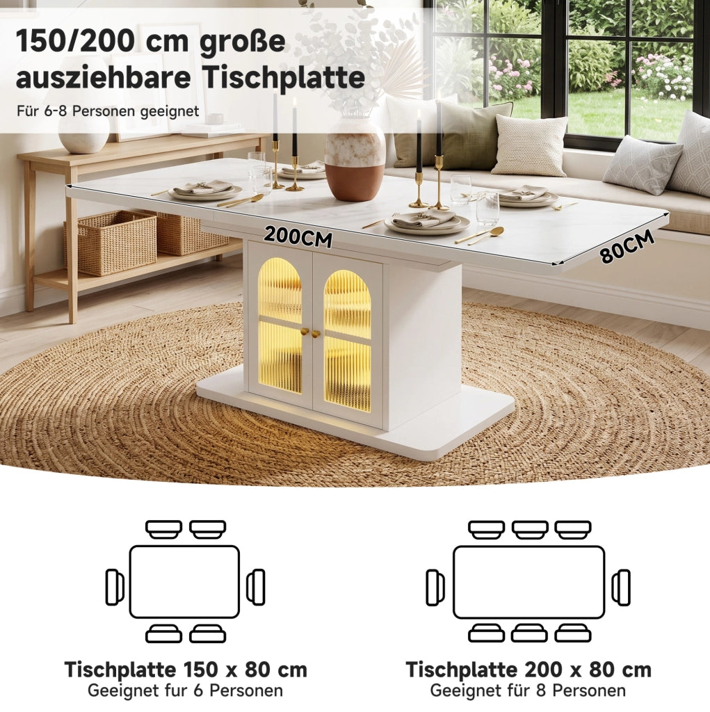 Tavolo da pranzo allungabile 150/200 x 80 cm con contenitore e LED; MDF bianco