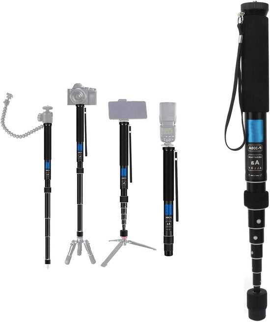 Monopodo Intrebbabile con Portaoggetti in Alluminio - Fotomonopodo Leggero con Tasca di Trascinamento - Piastra di Supporto - Adatto per Telefoni e Fotocamere.