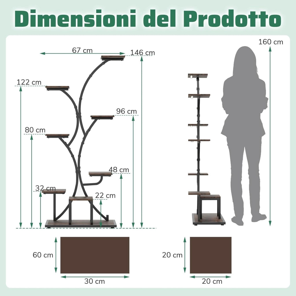 Scaffale per Piante da Interno ed Esterno, Porta Piante con Luci di Crescita, 8 Ripiani in Metallo ad Angolo, Porta Vasi per Balcone, Giardino e Soggiorno, 67 x 30 x 146 cm (1)
