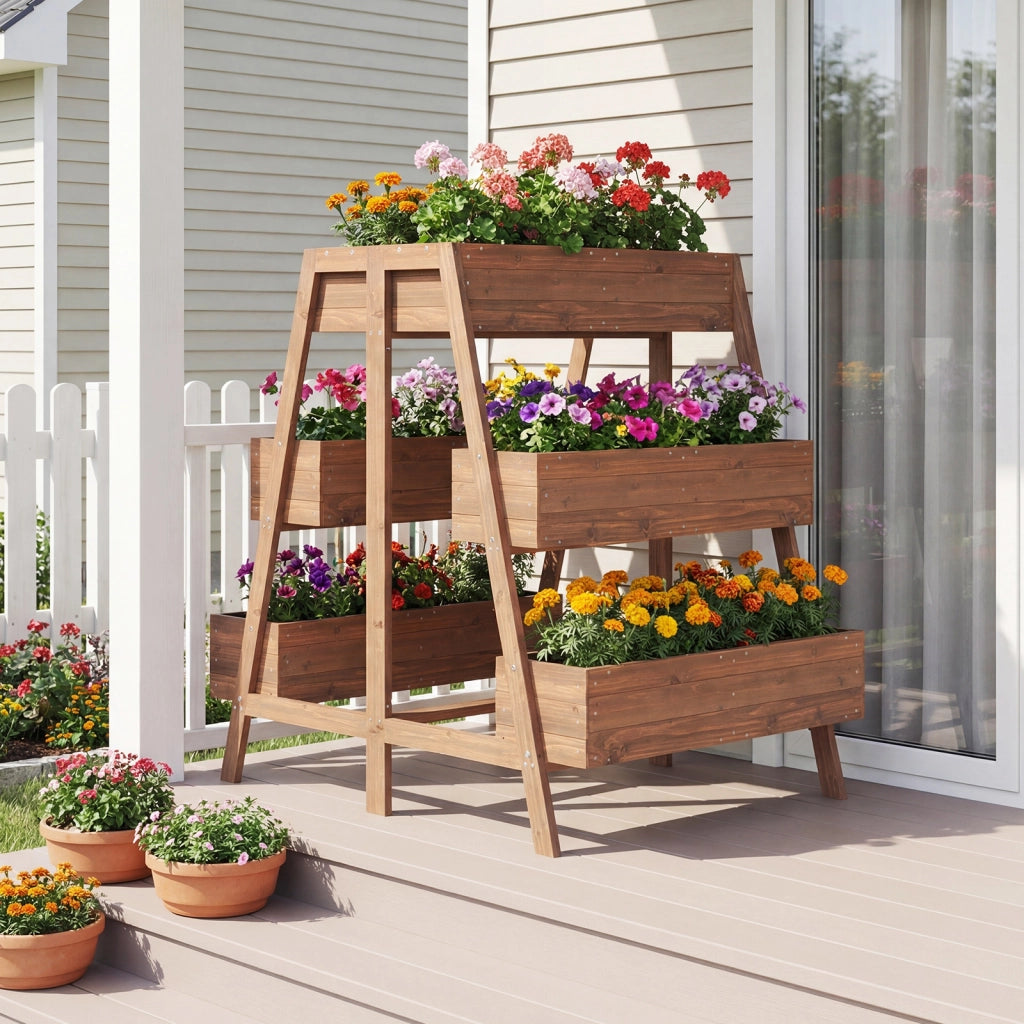 Orto rialzato a più livelli in legno rivestito per interno ed esterno giardino patio balcone-Supporto per piante contenitore scaffale per serre Caffè