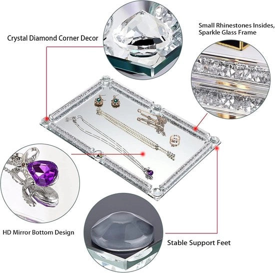 Piatto di vetro decorativo con cornice a diamanti per cosmetici, profumi e accessori - 30 x 20 cm