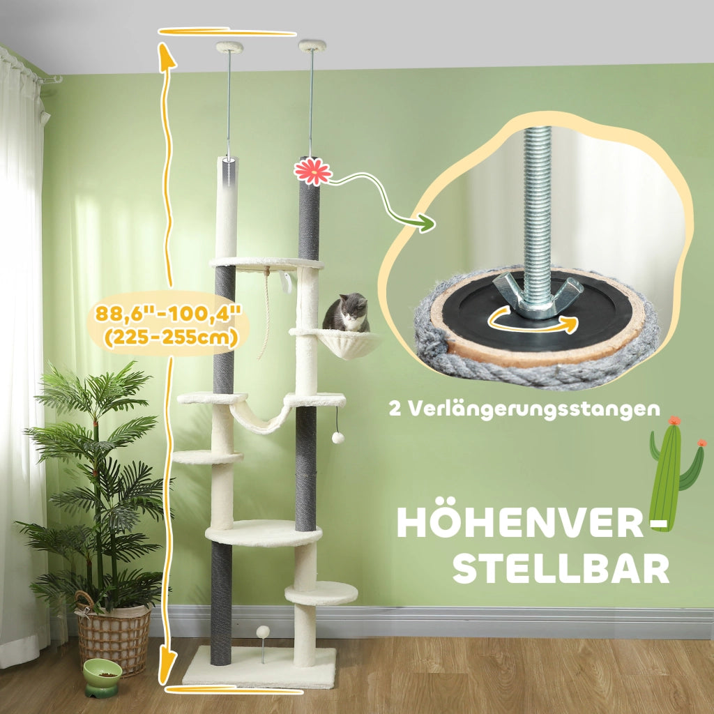 Albero tiragraffi per gatti regolabile con piattaforme e amaca ¨C zephmum ¨C Bianco 225-255 cm