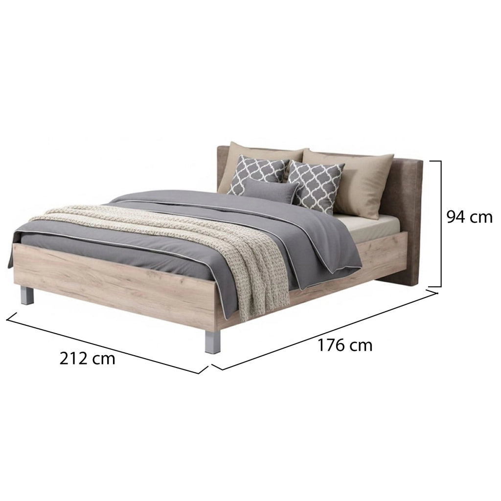 Letto Matrimoniale Maida, Letto Matrimoniale Testiera Imbottita, Marrone Rovere Grigio